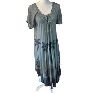Sakkas Dress Women Large Blue Embroidered Flared‎ Relaxed Kai Palm Tree Caftan